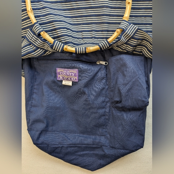 Old Country Road Handbag Bamboo Clutch Polyester Navy Blue Grey Stripes L-2 - Picture 6 of 13